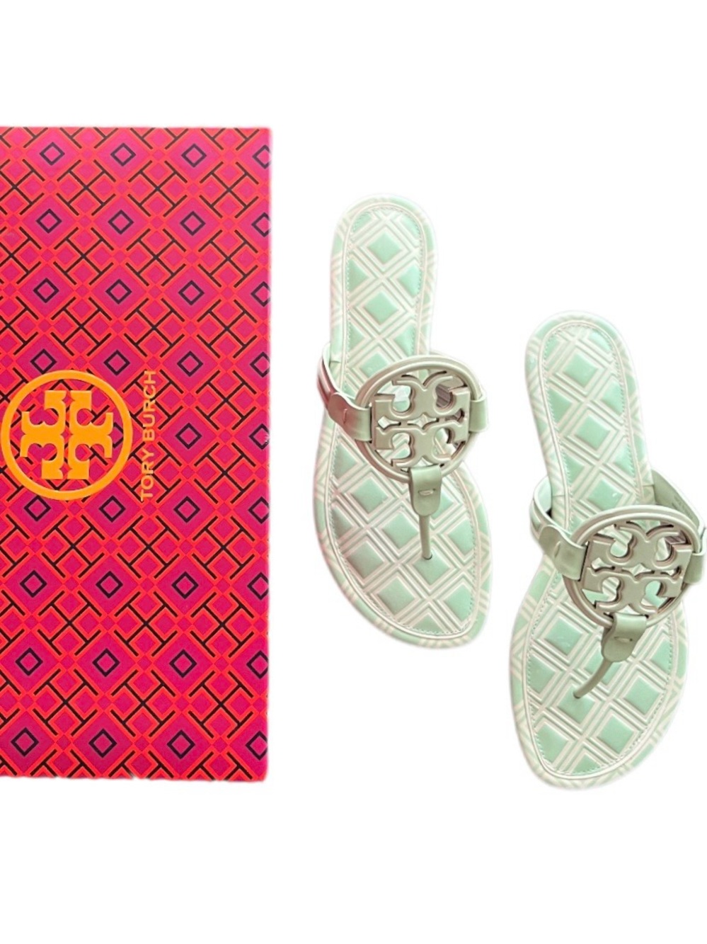 Tory Burch Metal Miller New Ivory Meadow Mist Sandals Size 8.5 NIB Preppy